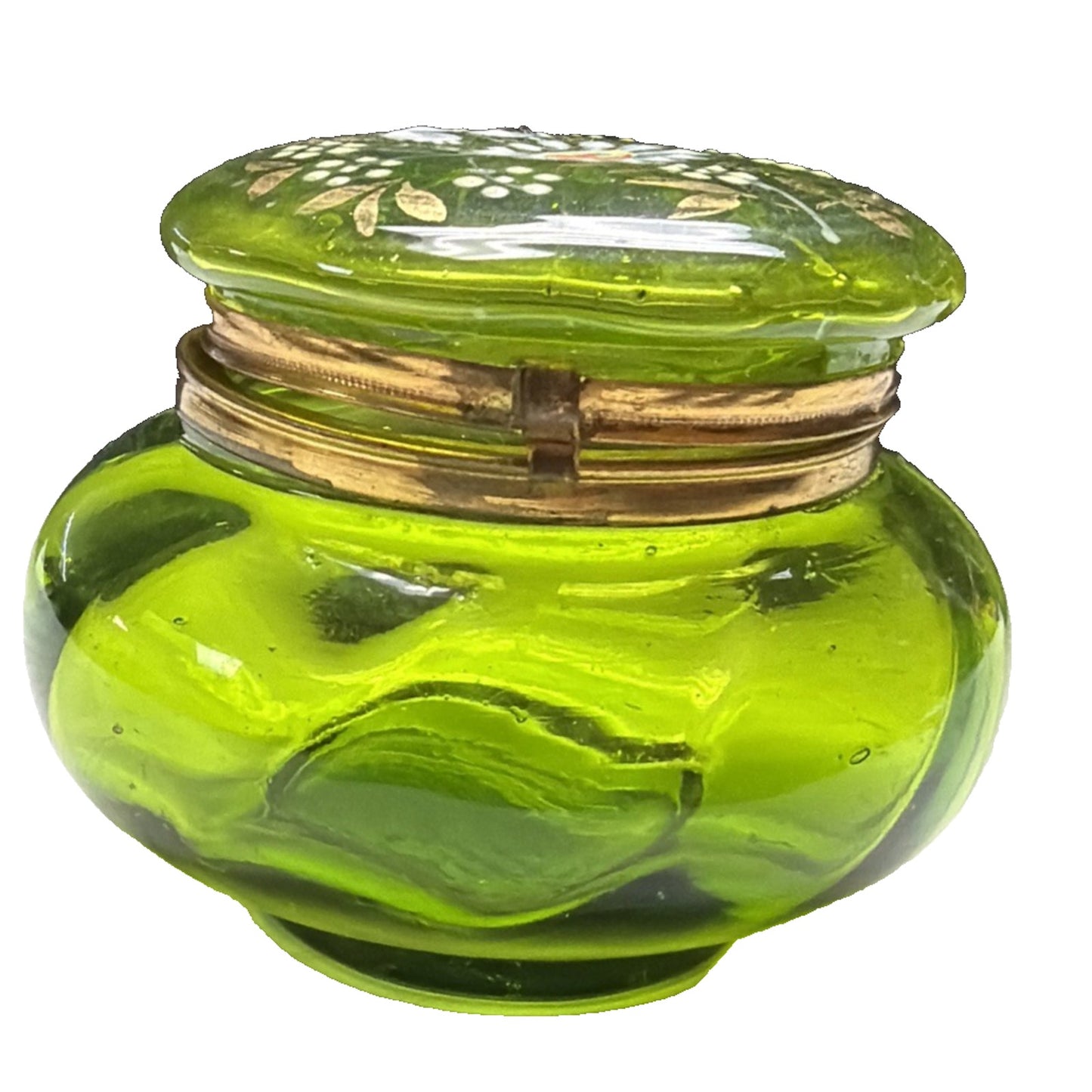 Antique Moser Bohemian Blown Glass Hand Painted Enamel Green Hinged Trinket Box