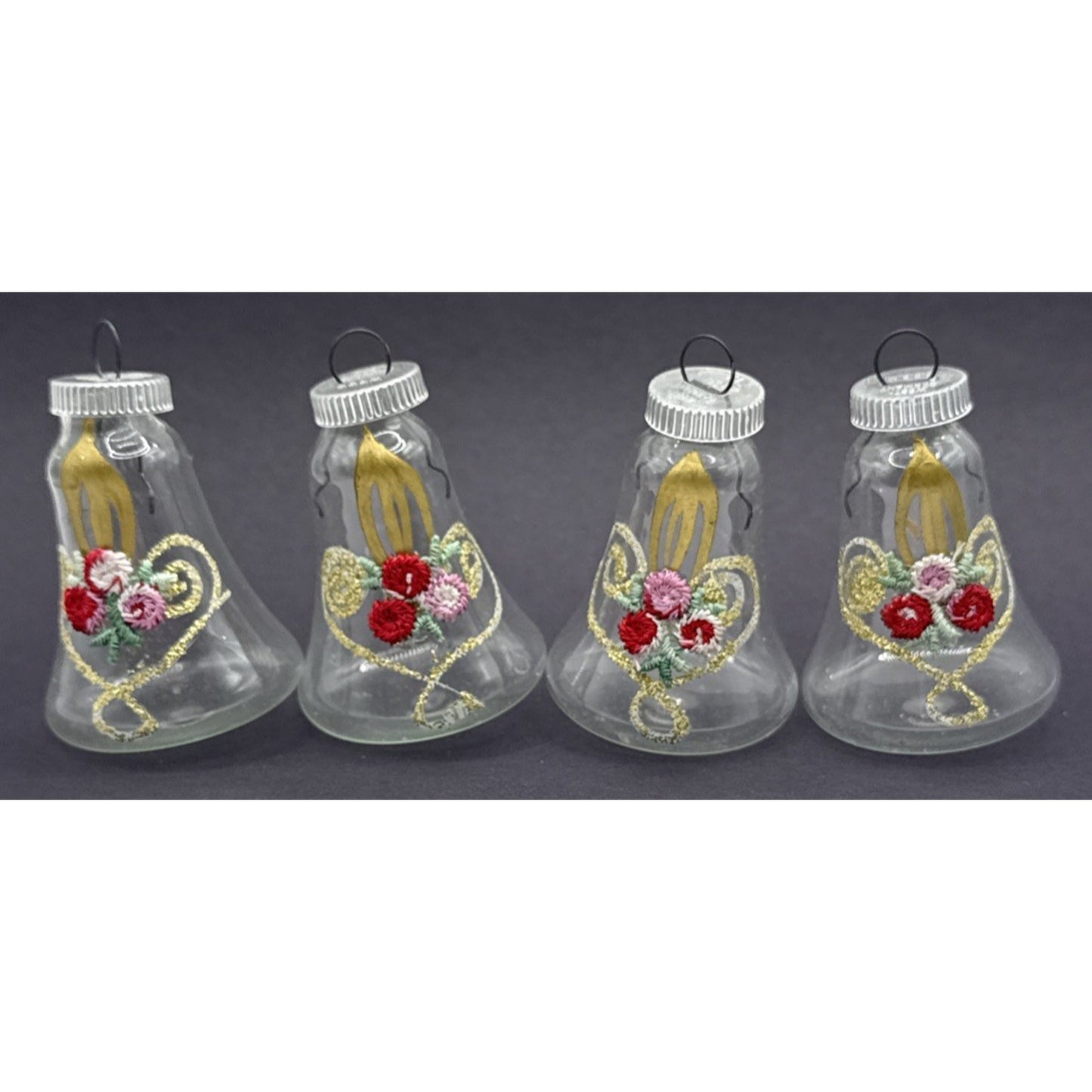Vtg Lot of 4 DBGM West Germany Blown Mica Glass Bell Ornaments Gold Embroidered