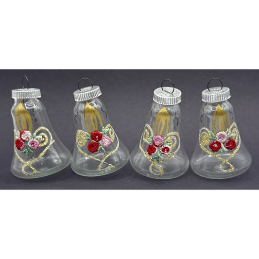 Vtg Lot of 4 DBGM West Germany Blown Mica Glass Bell Ornaments Gold Embroidered