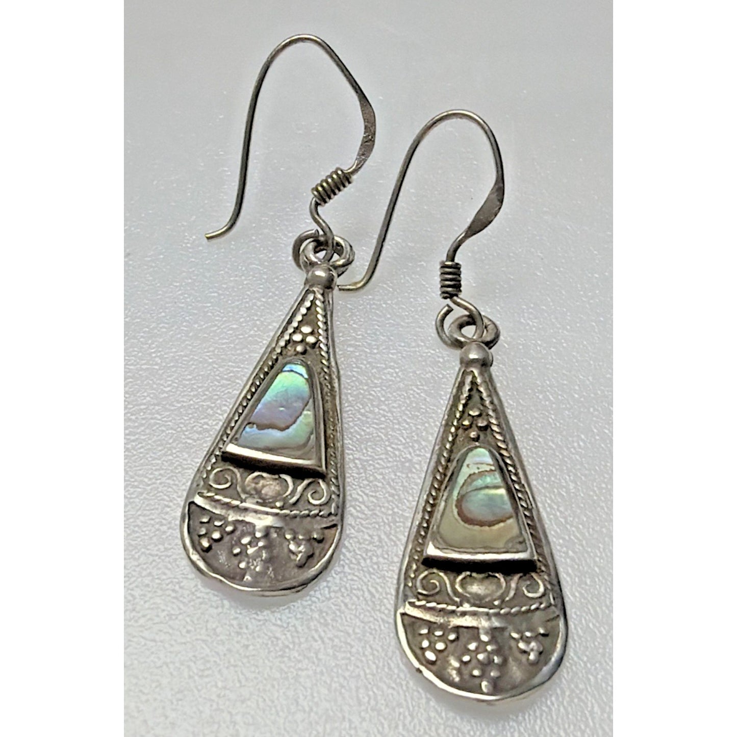 Vtg ATI Mexico Sterling Silver 925 Pierced Drop Teardrop Ornate Earrings Abalone