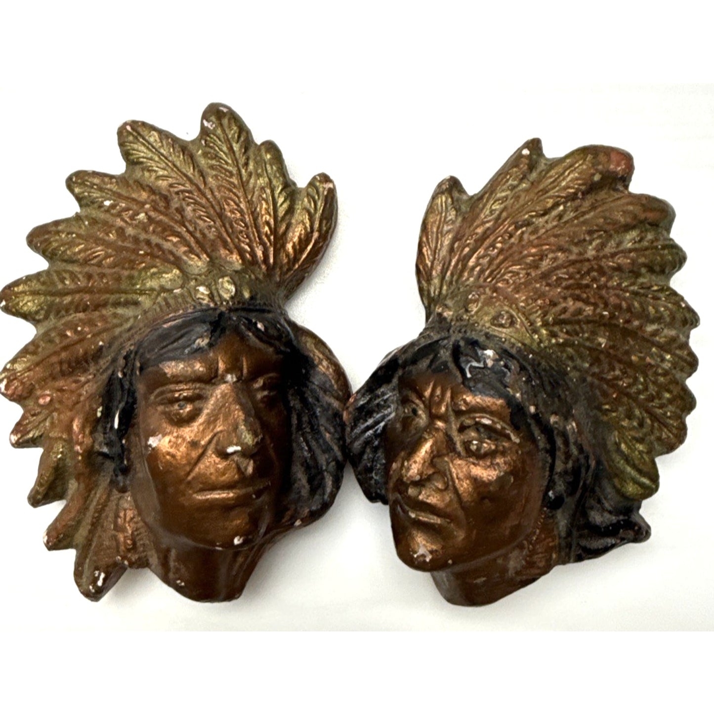 Lot of 2 Native American Indian Chief Head Chalkware Wall Hanging Plaques As Is