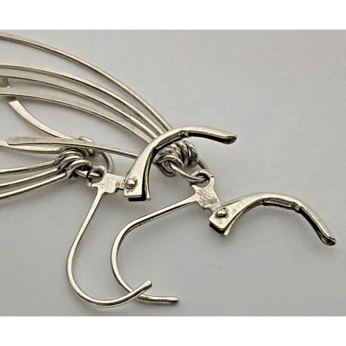 Vintage Sterling Silver Fan Fringe Feather Dangle Hinged Hook Earrings
