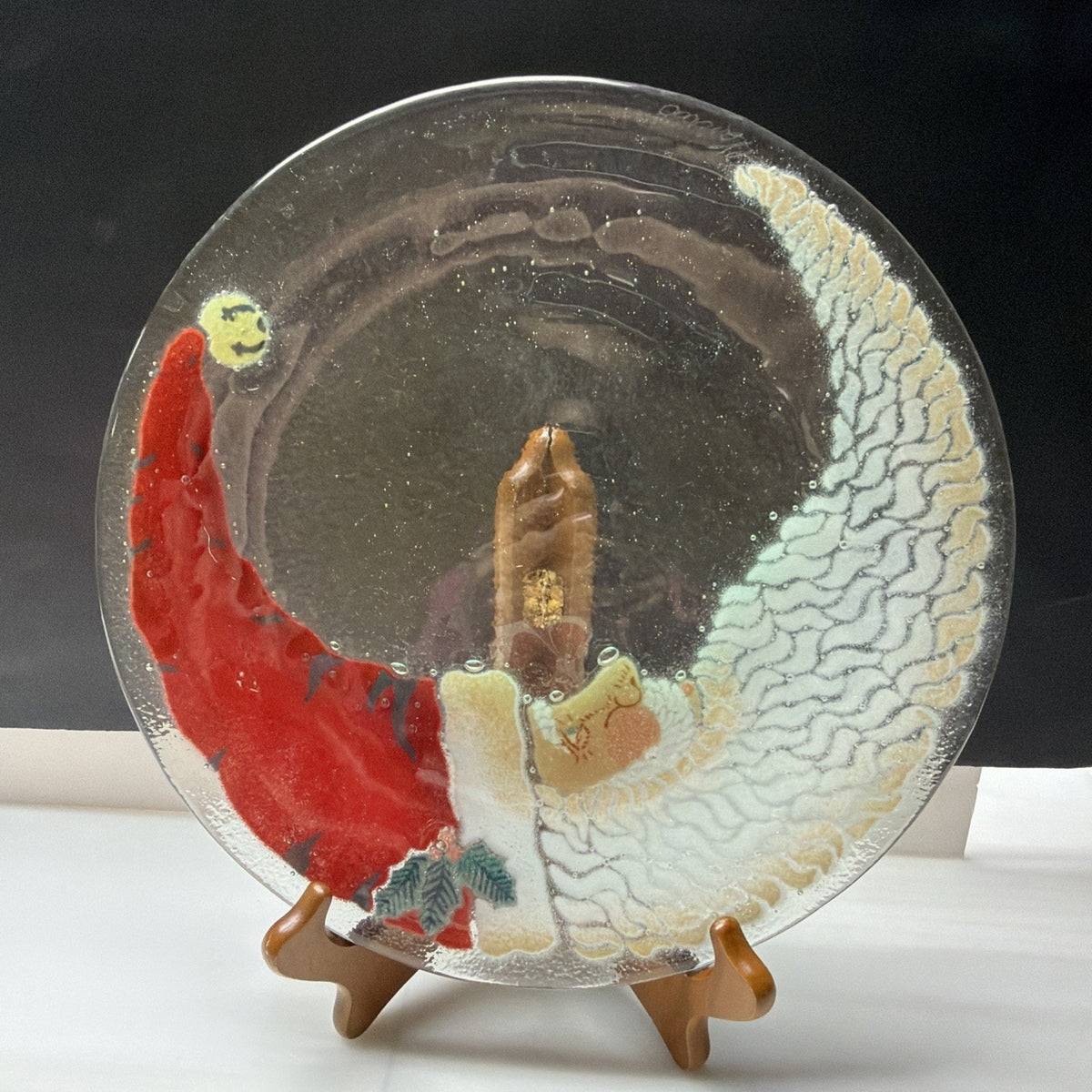 Vintage Peggy Karr Fused Glass Crescent Moon Santa Christmas Platter Signed