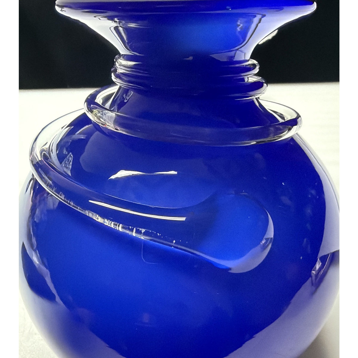 Modern Cobalt Blue Abstract Cased Art Glass Vase Spiral Confetti Spots