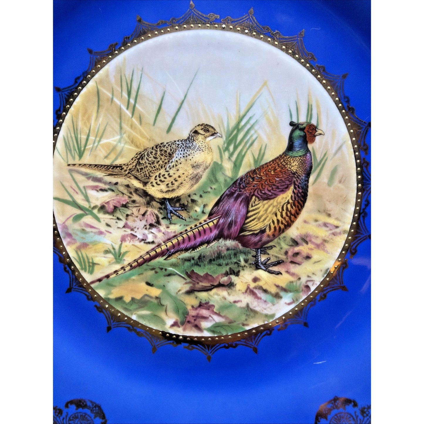 Vintage STW Bavaria Game Plate Cobalt Blue Pheasants Gold Gilt Trim Ornate