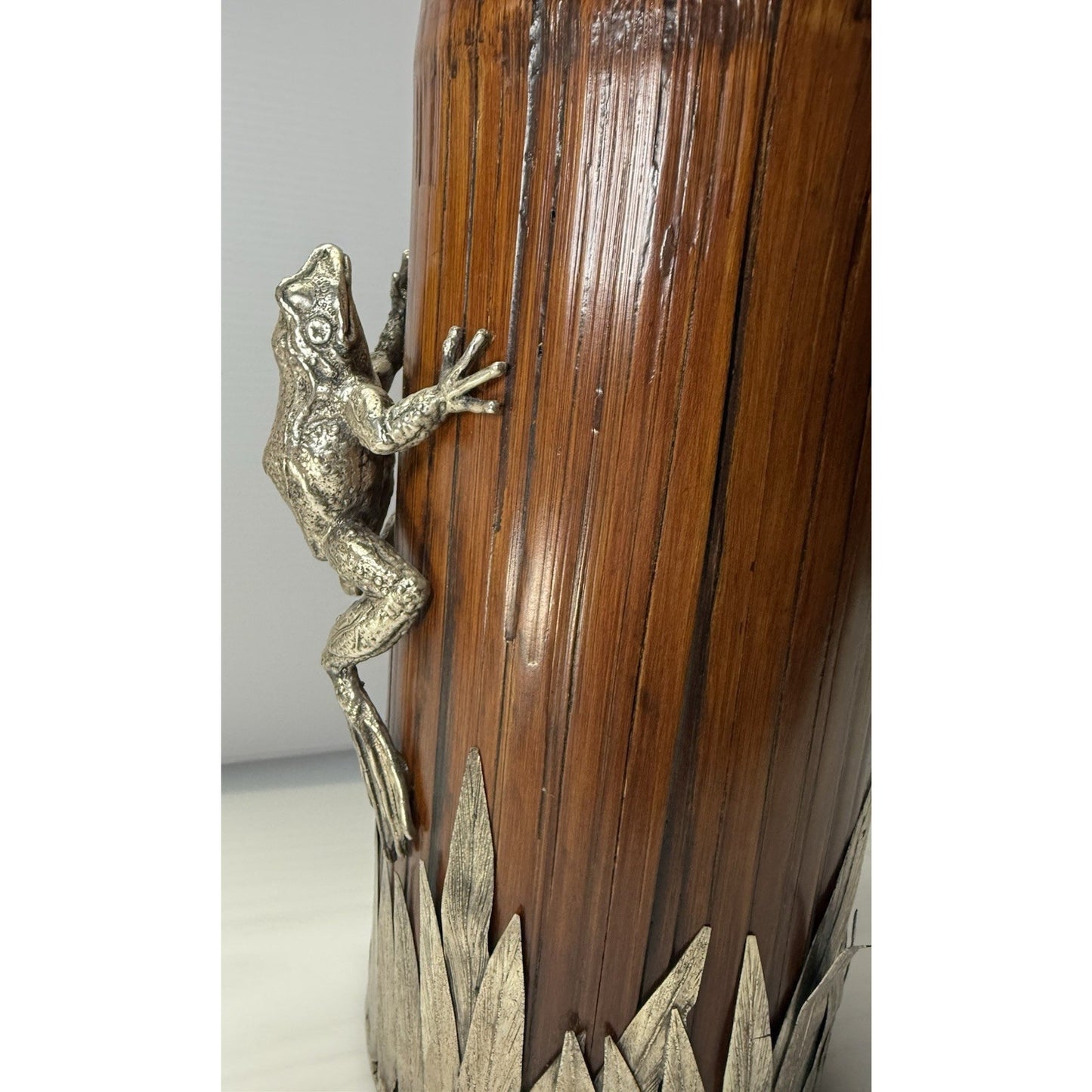 Old Japanese Bamboo Wood Vase Silvered Frog Grass Enameled Butterfly Large Read