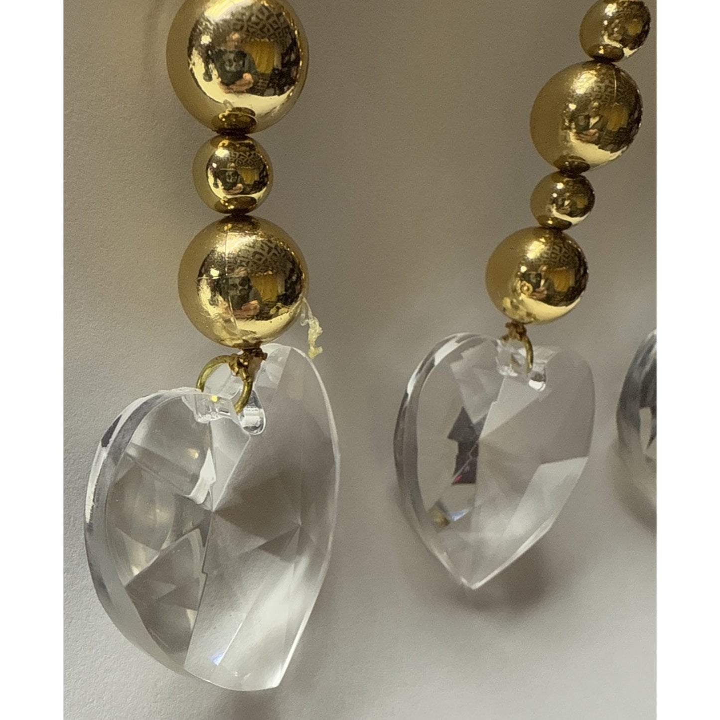 Vtg Lot of 4 Heart Plastic Acrylic Faceted Ornaments Gold Bead Suncatcher As Is