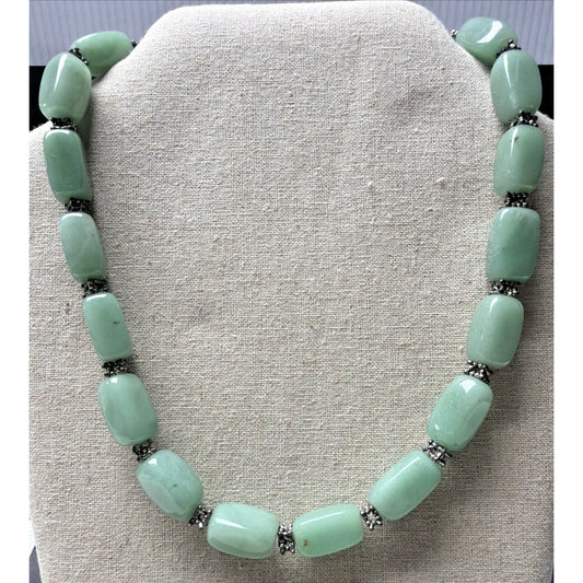 Jade Jadite Tumbler Beaded Silver Tone Necklace Green Choker Statement Chunky