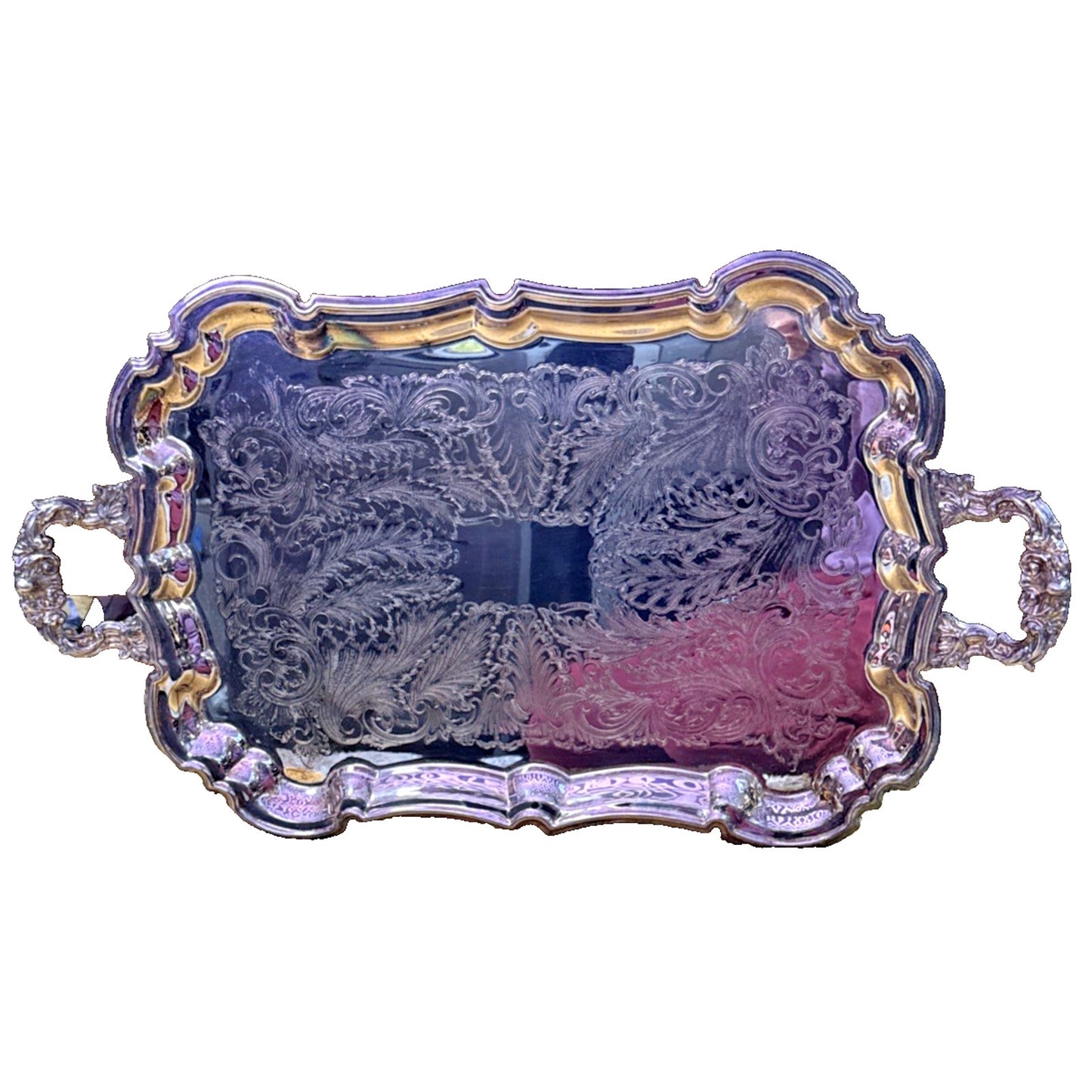 Vtg Silverplate Footed Serving Tray Butler Handles Ornate Engraved Rococo 23.5"