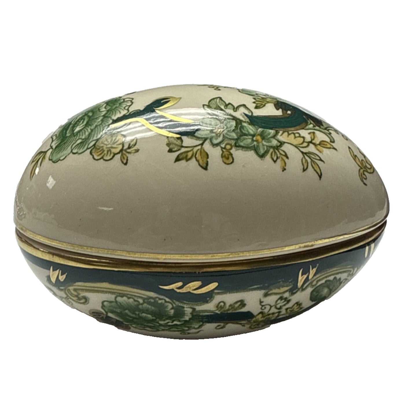Vintage Mason’s Ironstone Chartreuse Green Egg Trinket Box Gold Floral