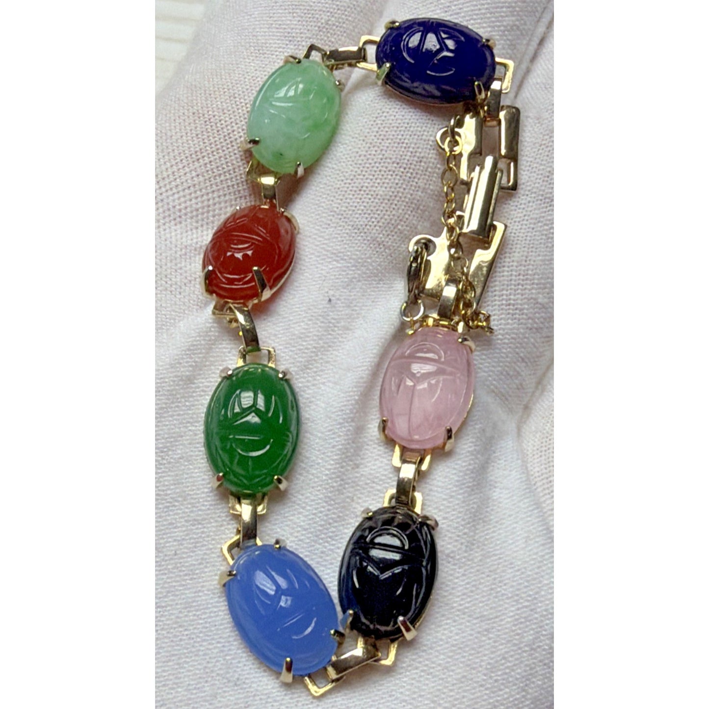 Egyptian Revival Carved Scarab Beatle Bracelet Link Security Chain As Is