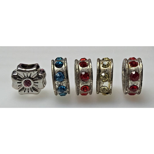 Vtg Lot of 5 Rhinestone Spacer Beads Floral Silver