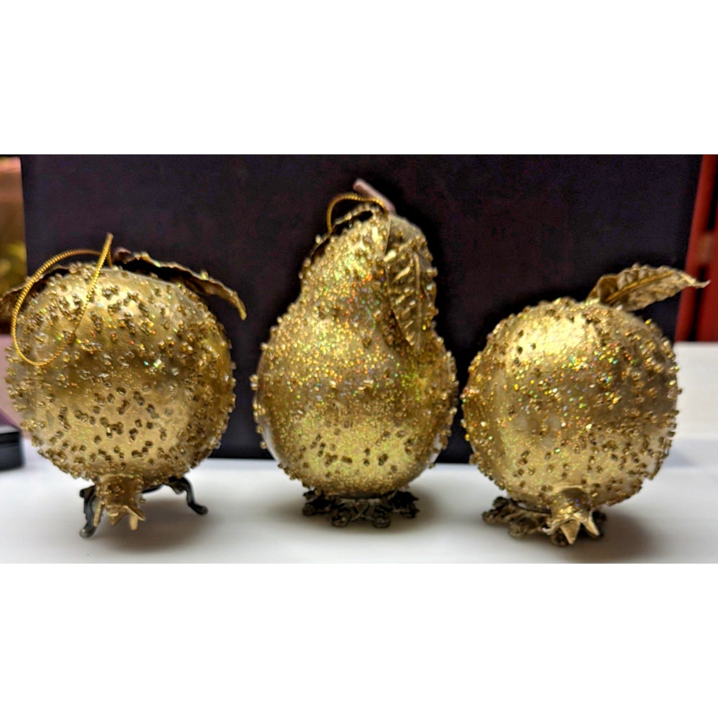 Vintage Lot of 3 Fruit Ornaments Gold Glitter Beaded Pear Pomegranate As Is