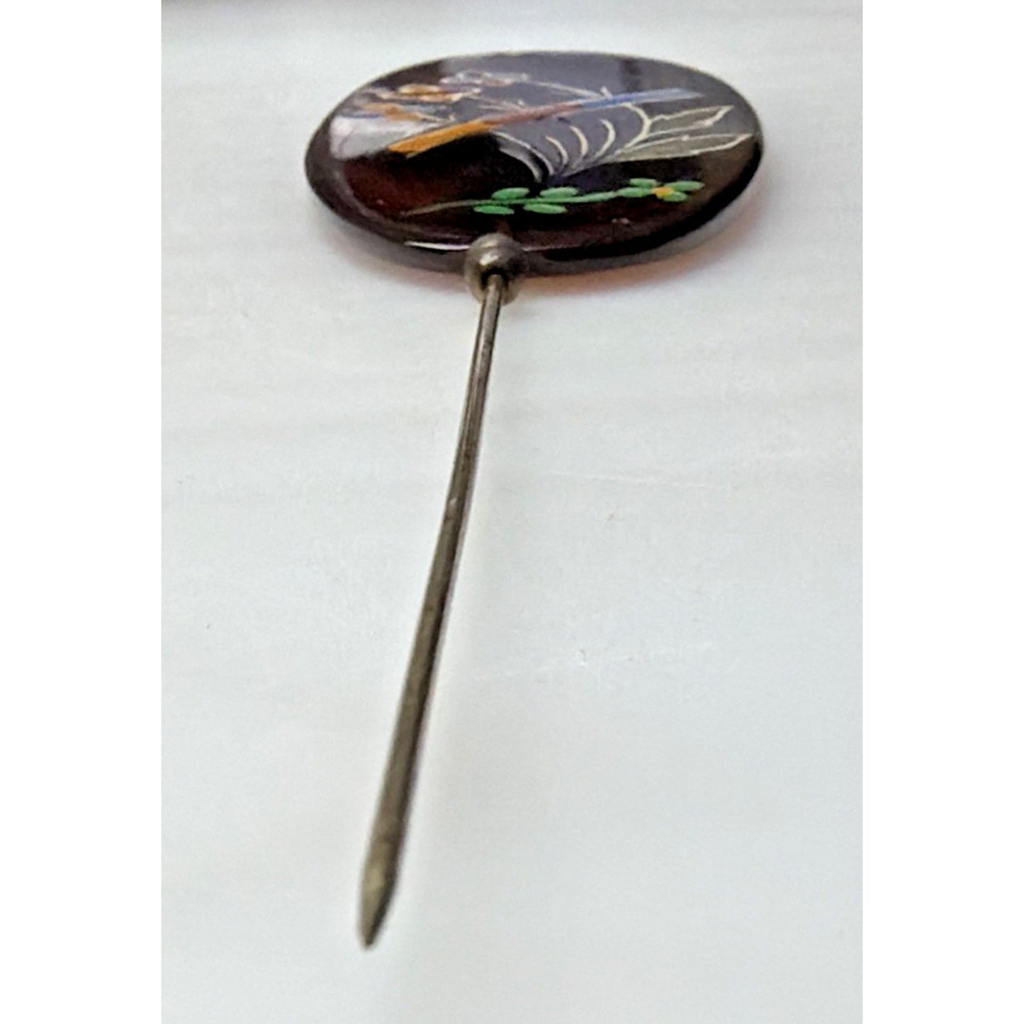 Art Deco Tortoise Shell Hair Pin Stick Pin Faux Hand Painted Enameled As Is