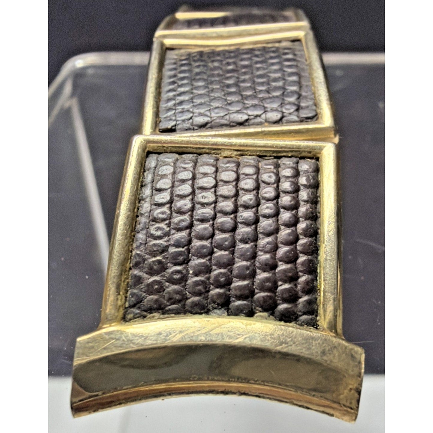 Vtg Speidel Yellow Gold Filled Watch Band Dark Brown Lizard Leather Curved As Is