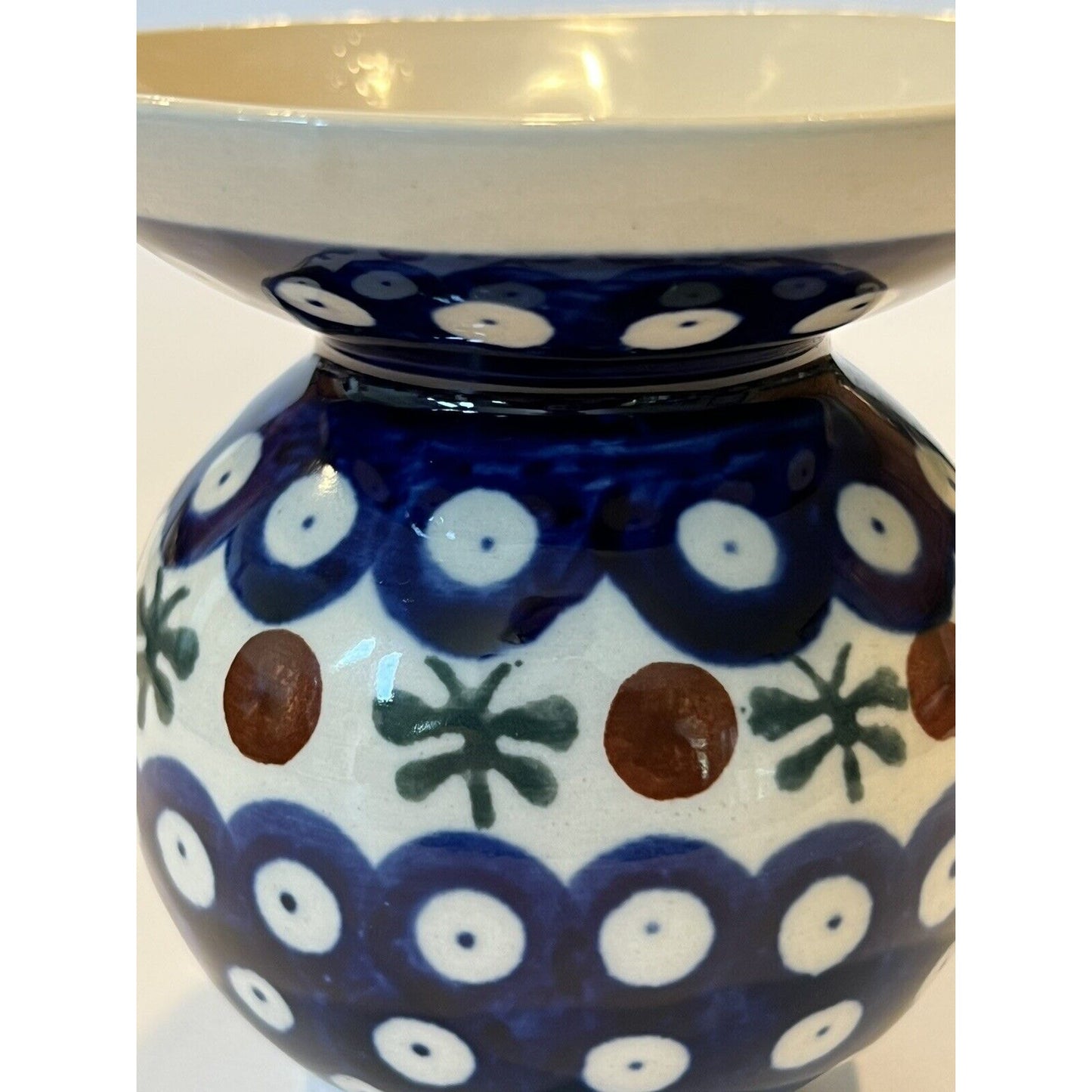 Boleslawiec Hand Made Polish Pottery Vase Blue Flared Rim Peacock Mosquito