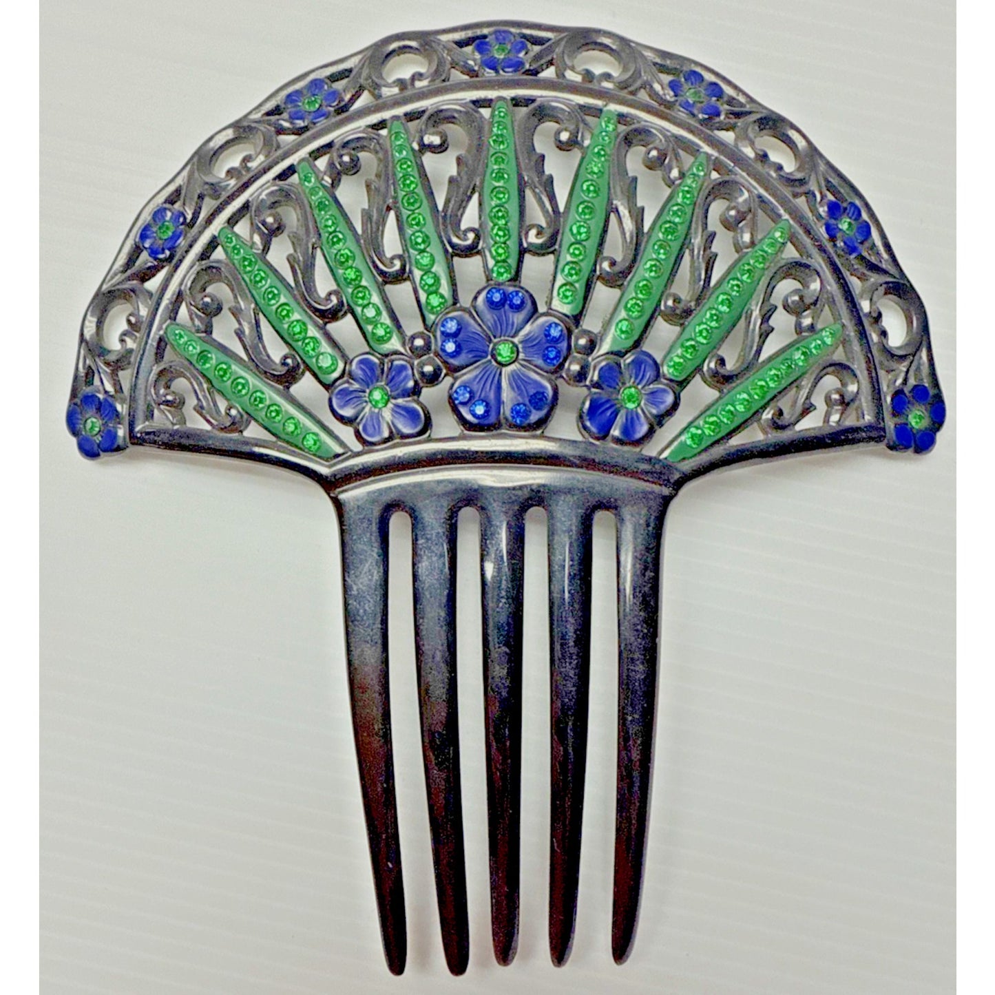 Art Deco Large Fan Shape Hair Comb Black Celluloid Rhinestone Flower Blue Green