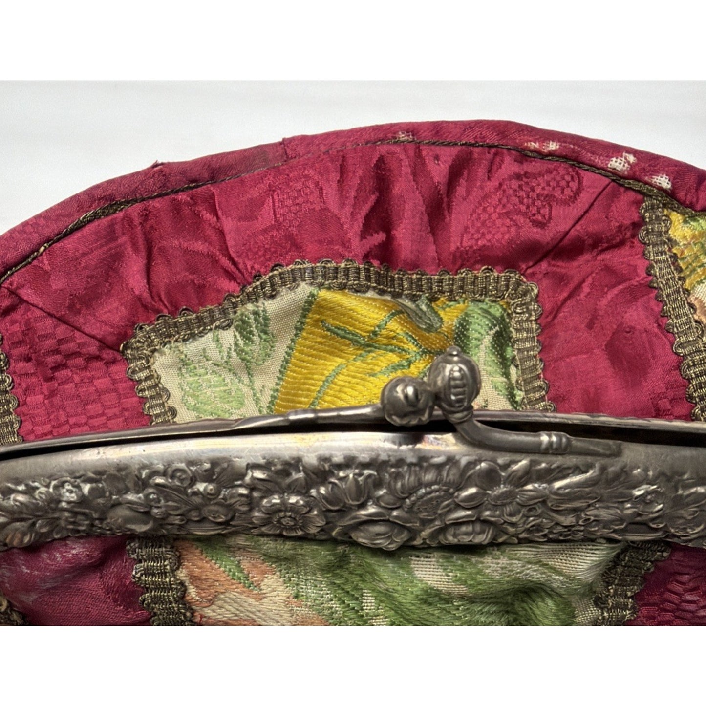 Antique Repousse Metal Frame Tapestry Needlepoint Evening Bag Silk Lined As Is