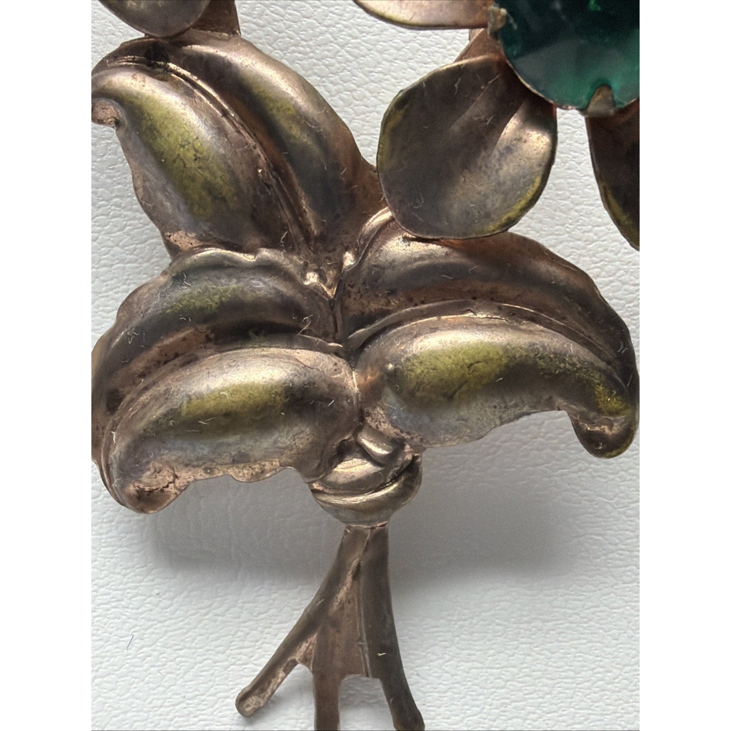 Vintage Copper Floral Flower Brooch Large Green Emerald Rhinestone
