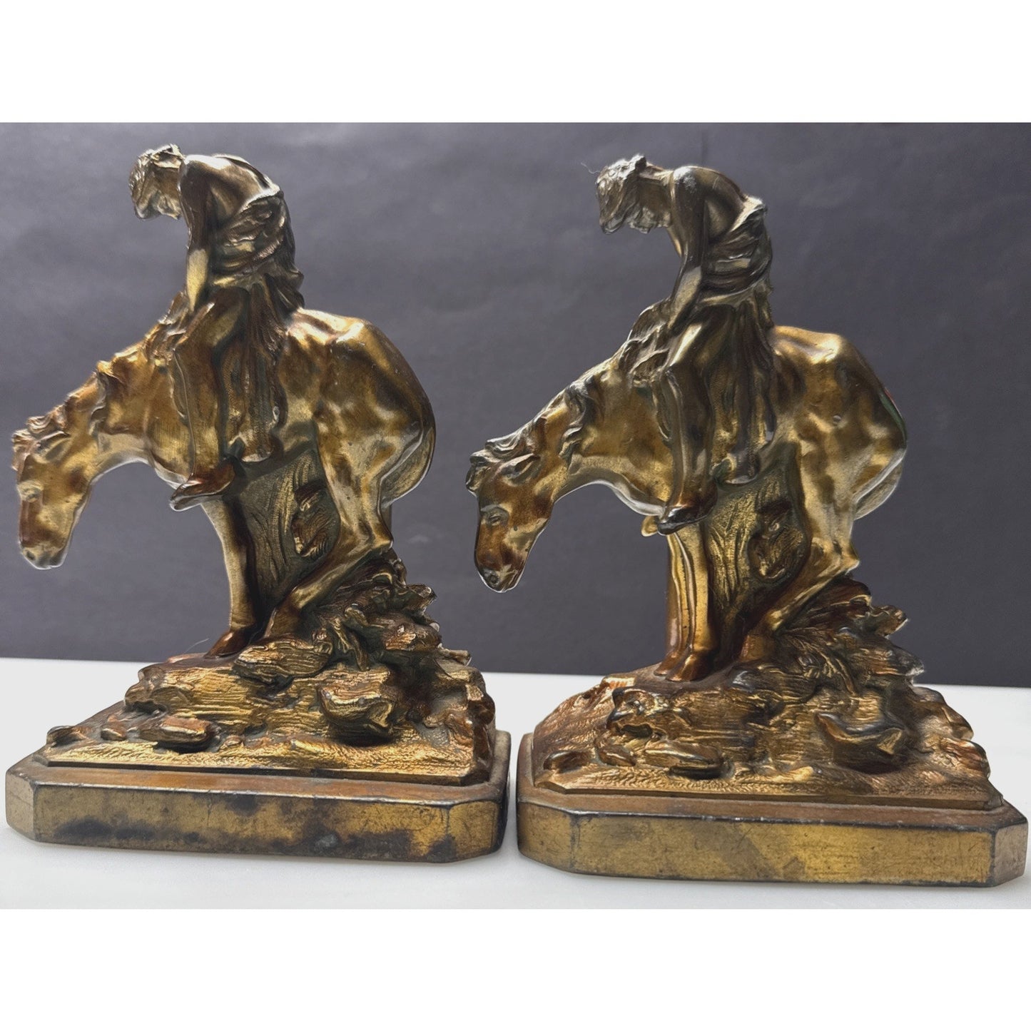 Vintage Ronson Metal Art Horse Rider Bookends Set End of the Trail Cowboy As Is