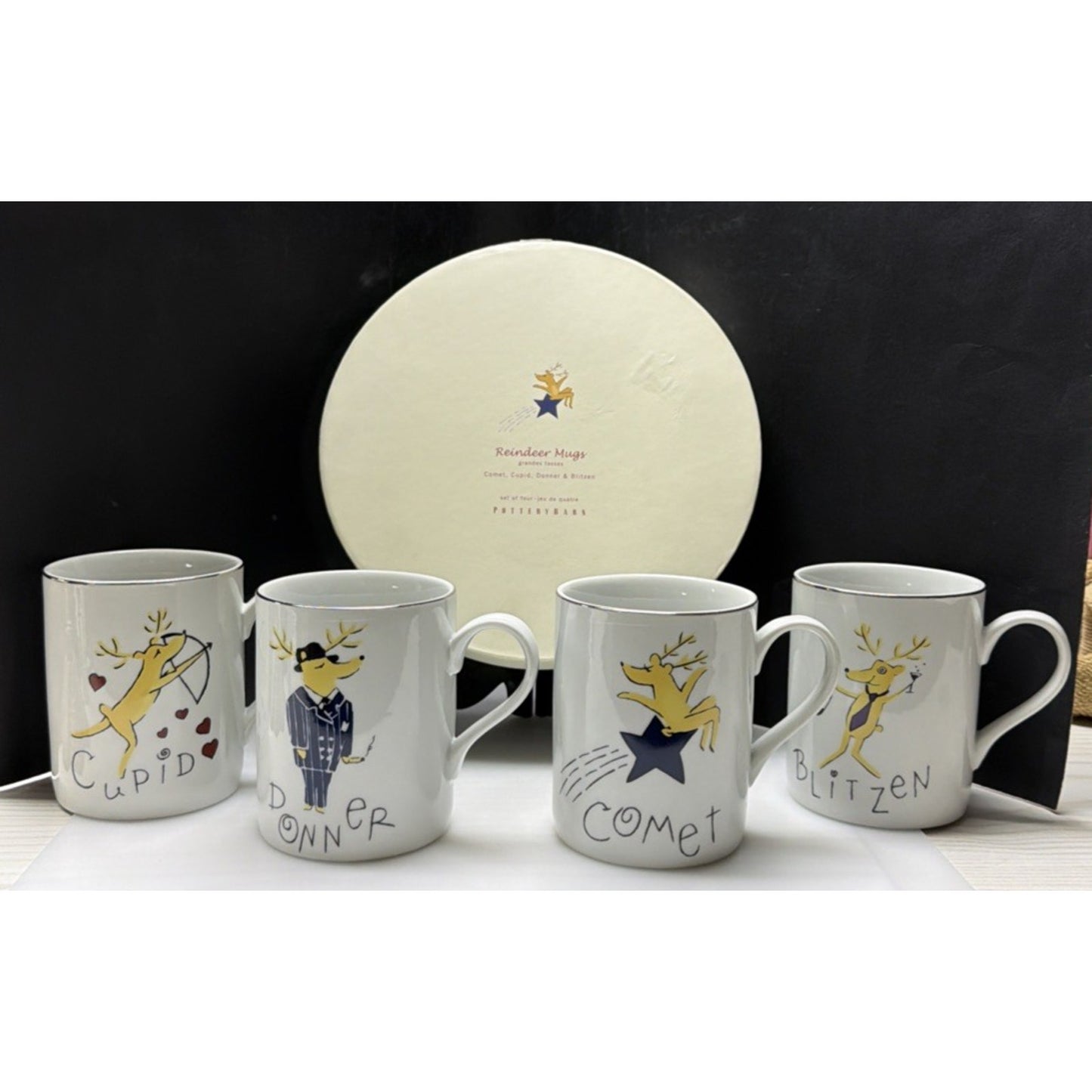 Pottery Barn Set of 4 Reindeer Mugs Box Williams Sonoma Comet Donner Blitzen Cup