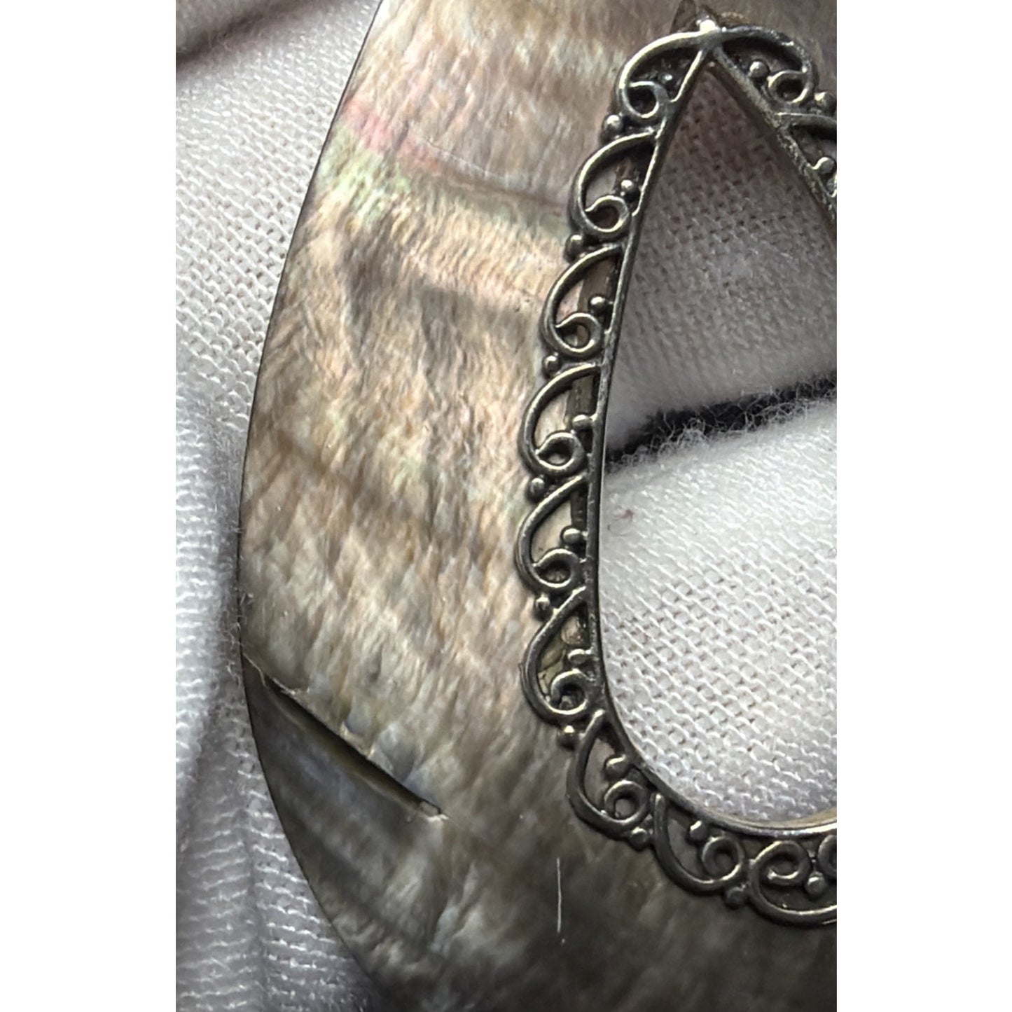 Sterling Silver Abalone MOP Teardrop Pendant Ornate Filigree Bali Style As Is