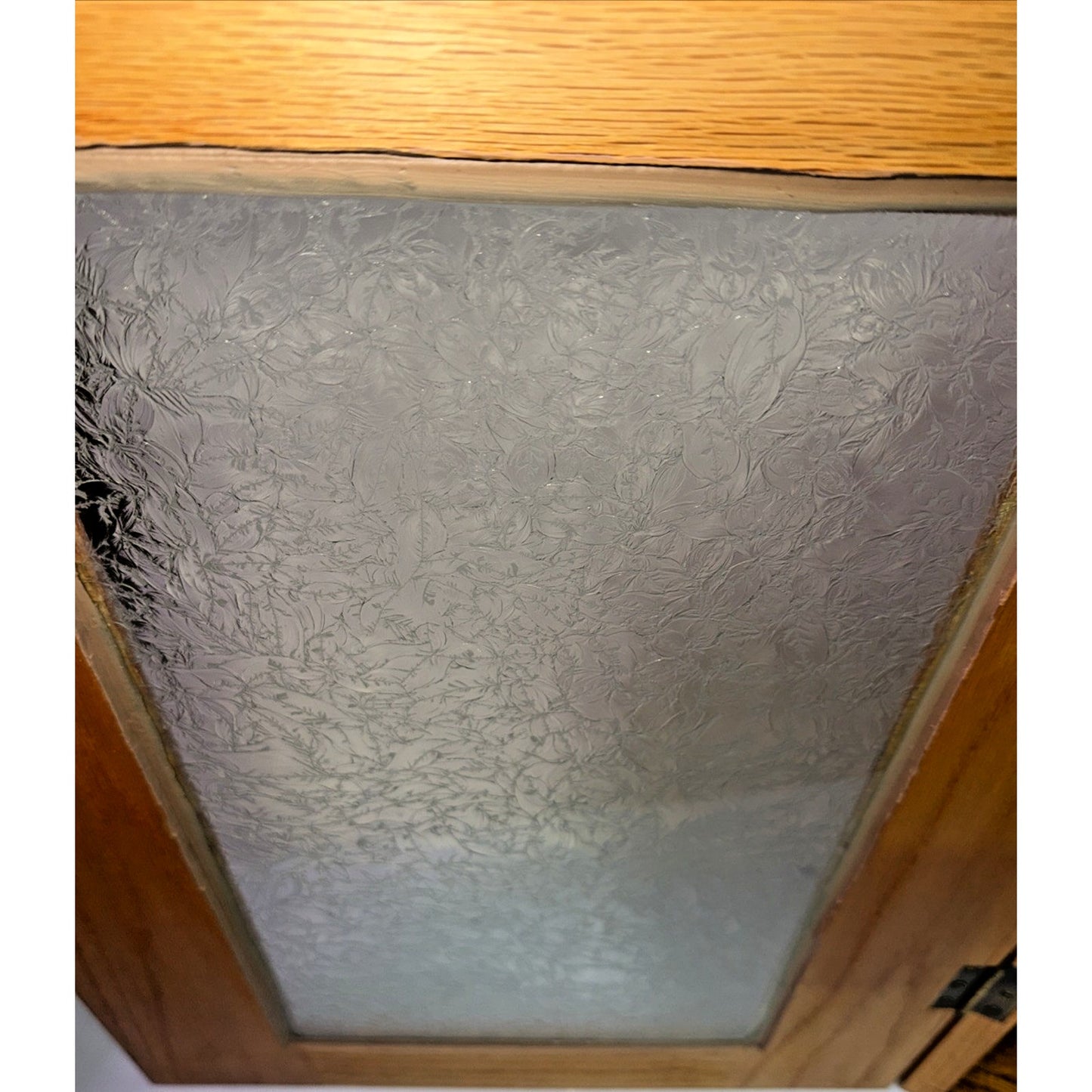 Old Oak Apothecary Cabinet Medicine Curio Textured Etched Glass Wall Mount As Is