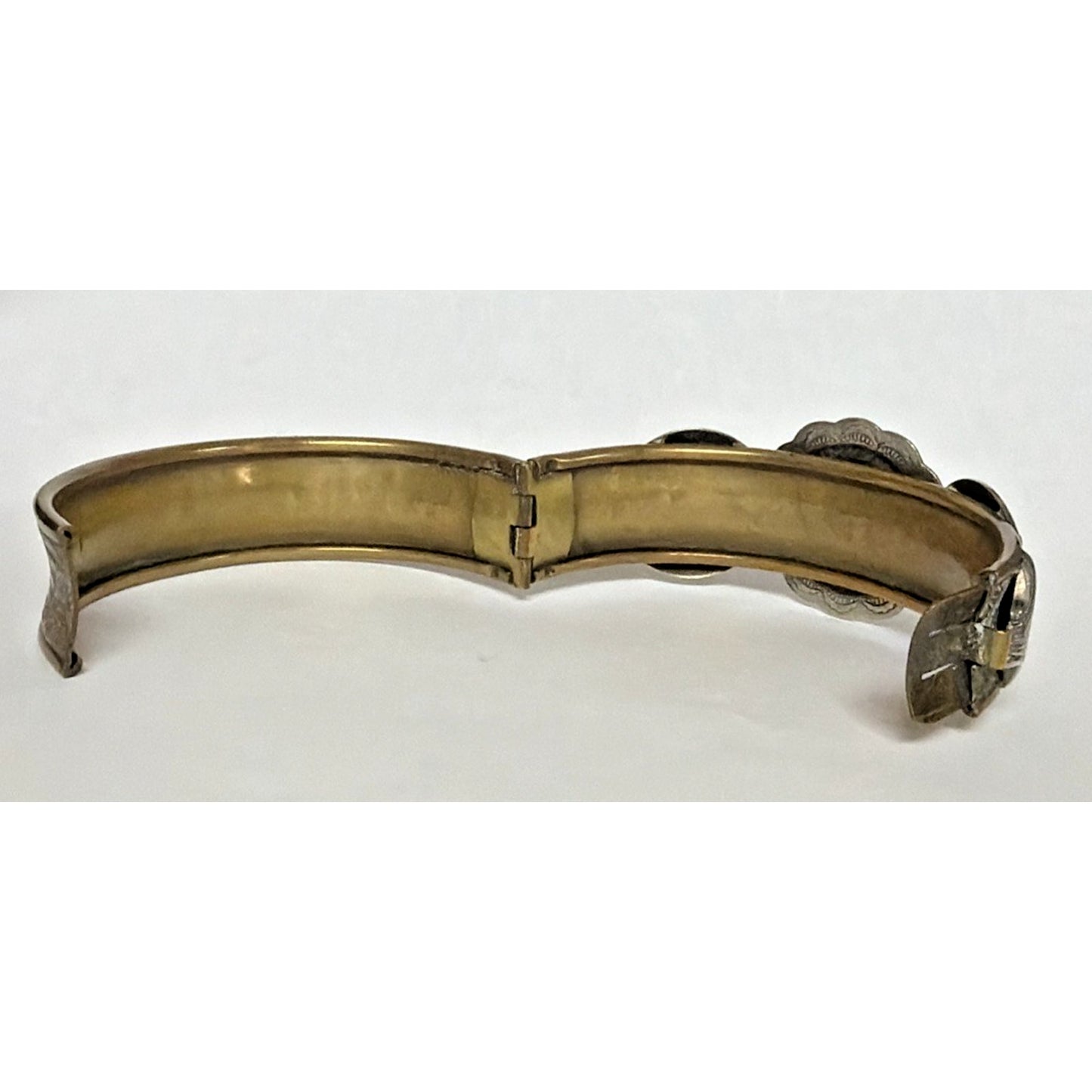 Victorian Brass Hinged Embossed Cuff Bracelet Mixed Metal Concho Western As Is
