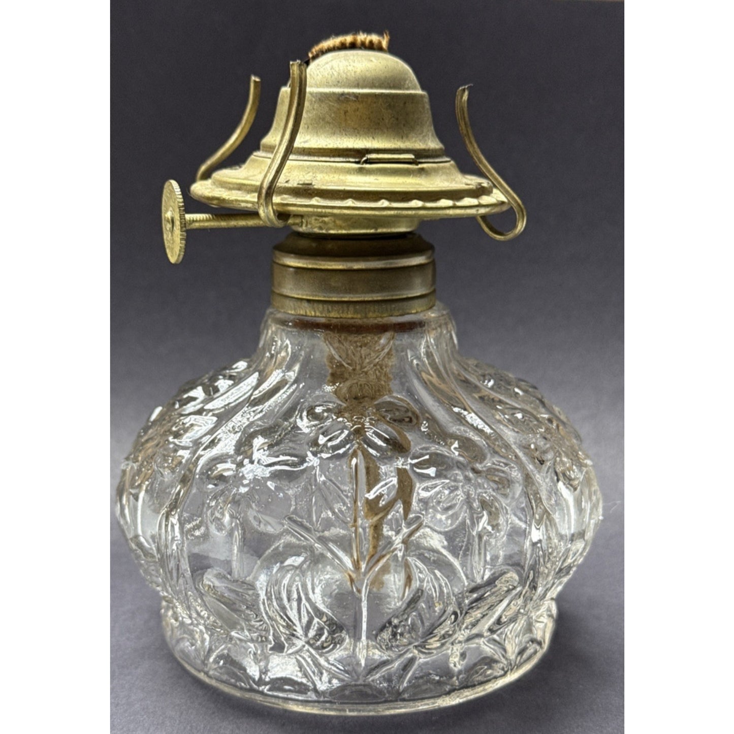 Antique EAPG Plume Atwood Triple Flower Forget Me Not Mini Oil Lamp Eagle Mfg Co