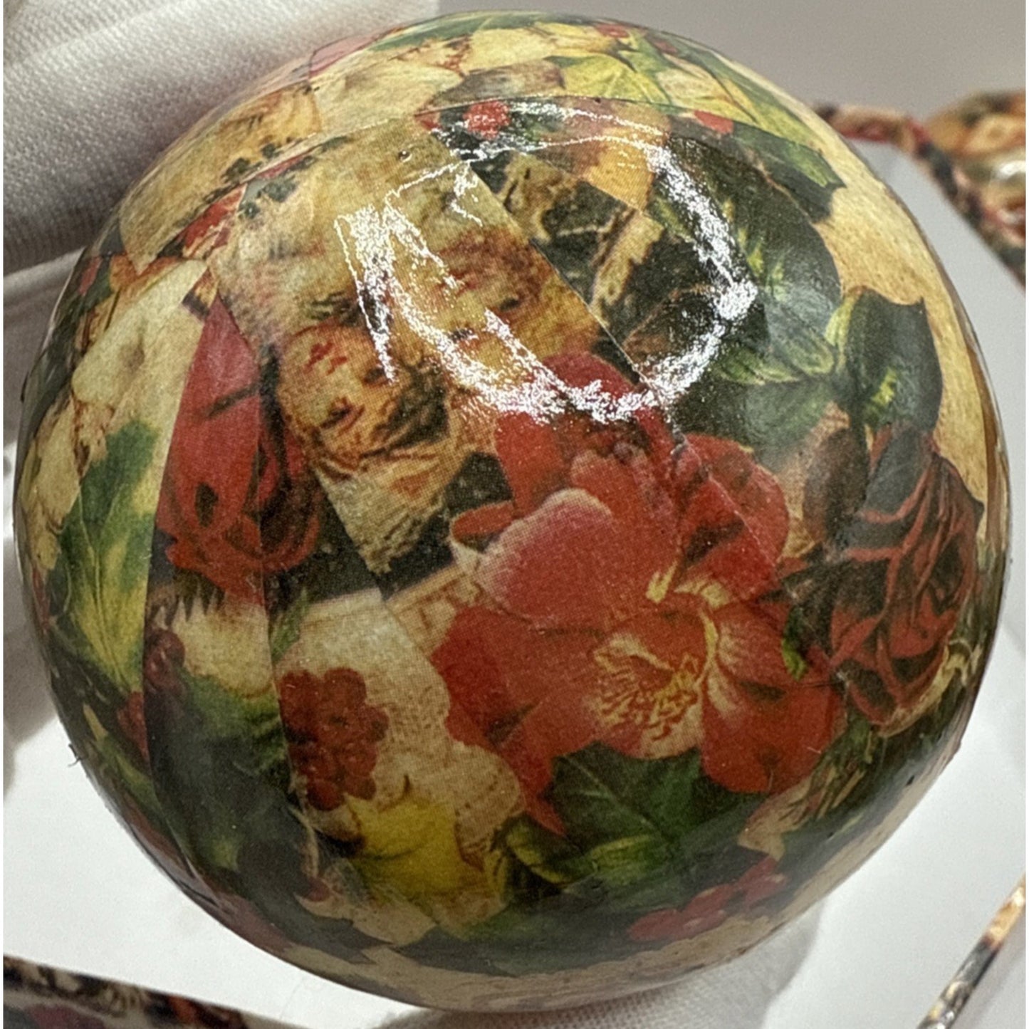 Vintage Set of 6 Christmas Decoupage Paper Mache Victorian Ornaments Box Ribbon