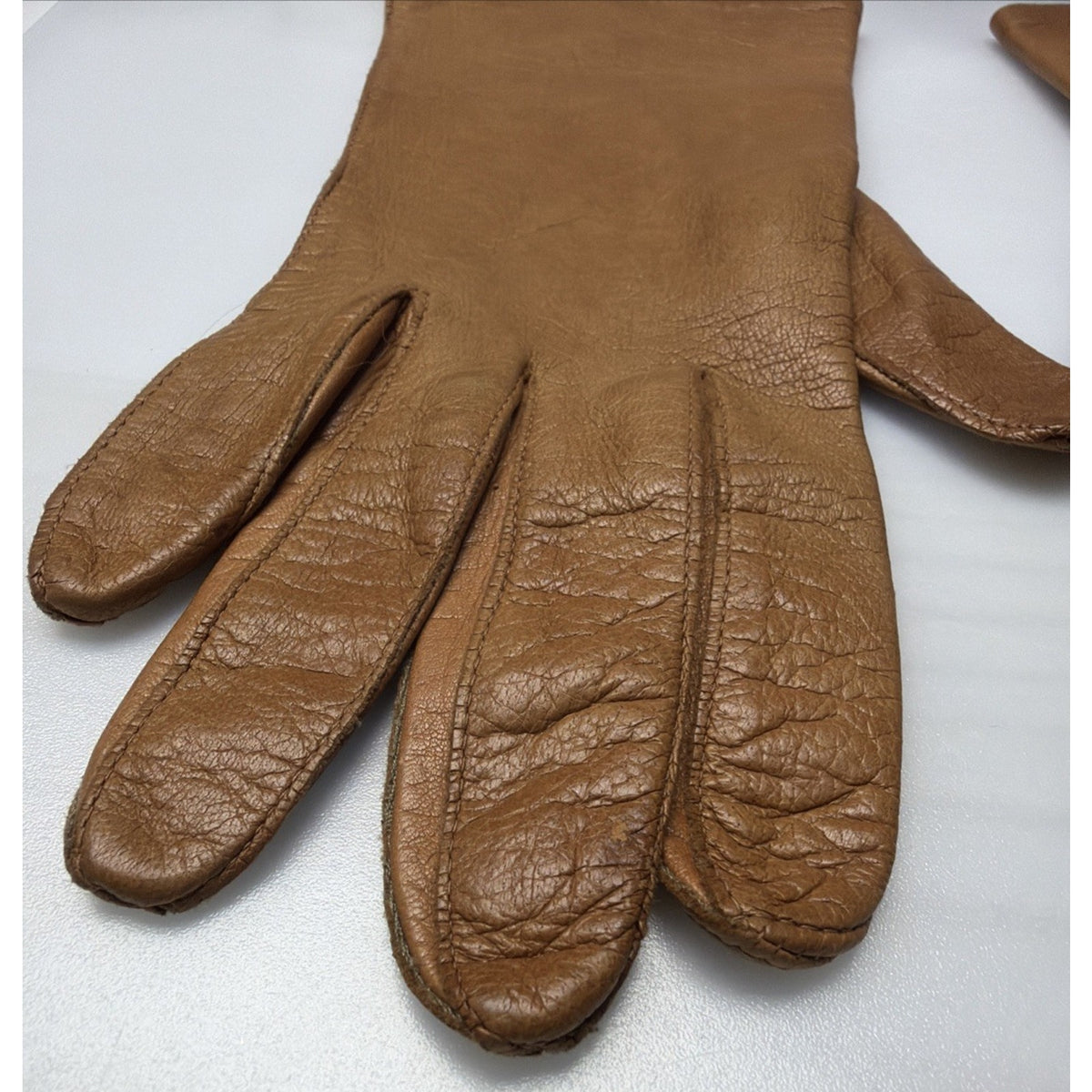 Vintage Womens Atkins Italy Caramel Leather Gloves Silk Lined As Is Sz 7.5 As Is