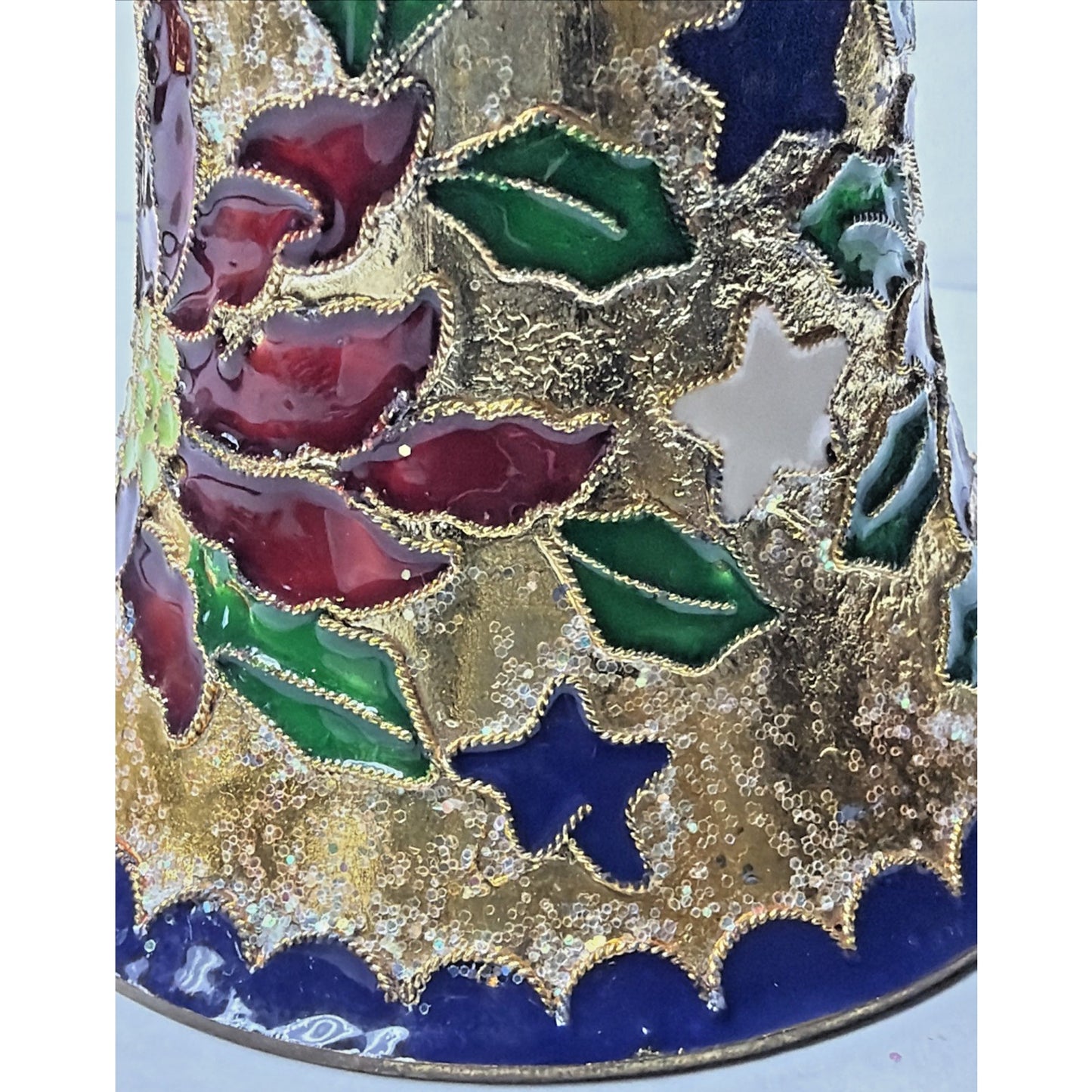 Vintage Enamel Cloisonné Bell Christmas Ornament Holly Berries Poinsettia