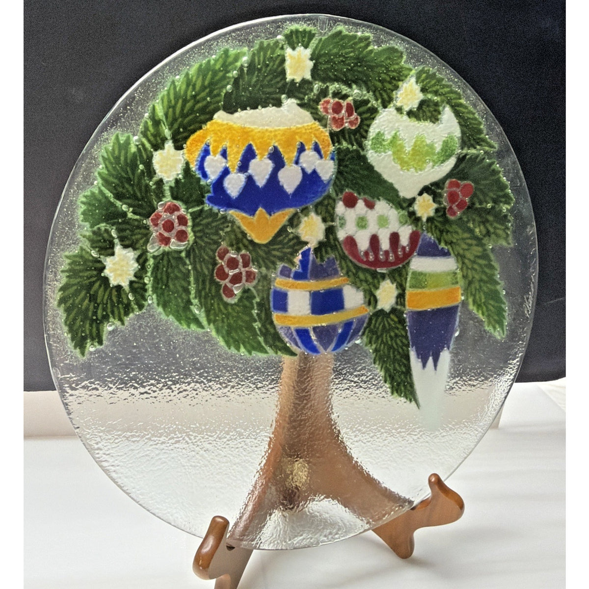 Vintage Peggy Karr Fused Glass Holiday Ornaments Holly Platter Signed