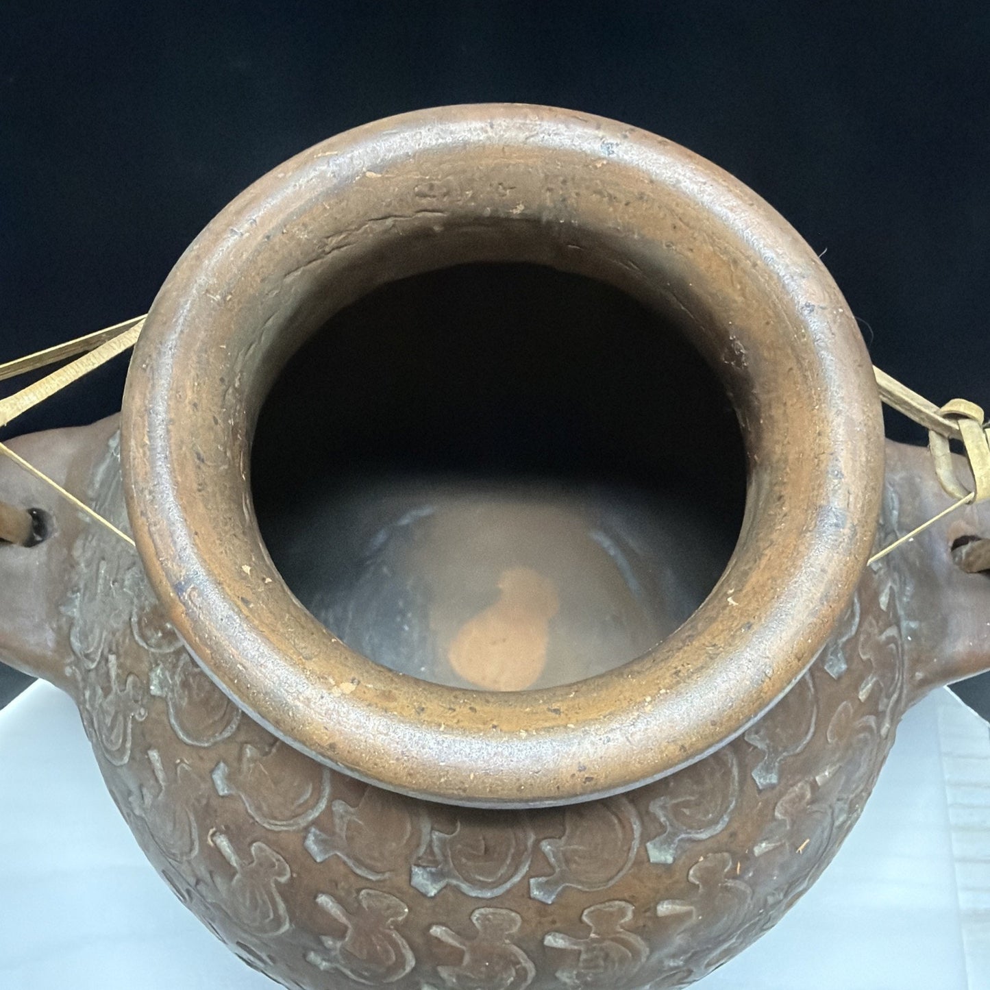 Chinese Asian Earthenware Pot Jar Vessel Bamboo Handle Impressed Symbols As Is