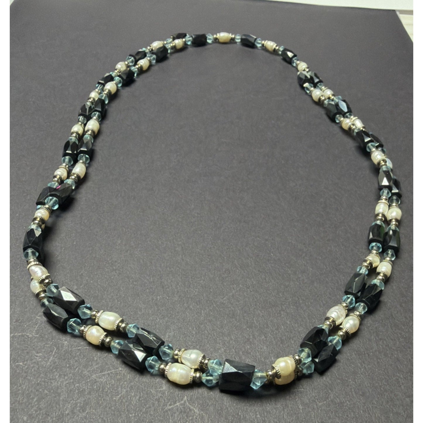 Vintage Layered Beaded Hematite Magnetic Necklace Bracelet Pearl Blue Crystal