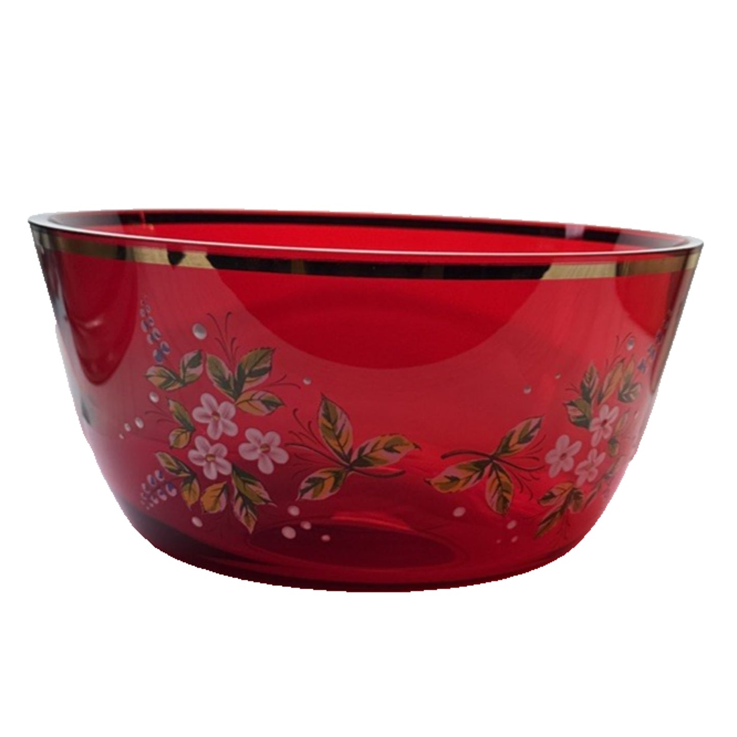 Vintage Czech Bohemian Ruby Red Crystal Hand Painted Enamel Bowl Flowers Gold