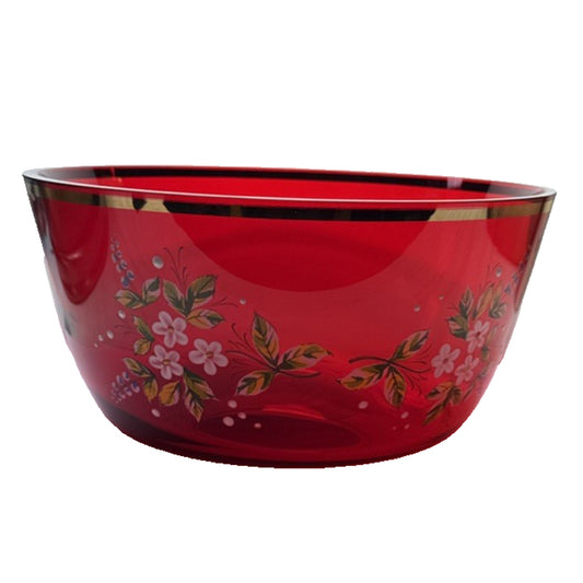 Vintage Czech Bohemian Ruby Red Crystal Hand Painted Enamel Bowl Flowers Gold