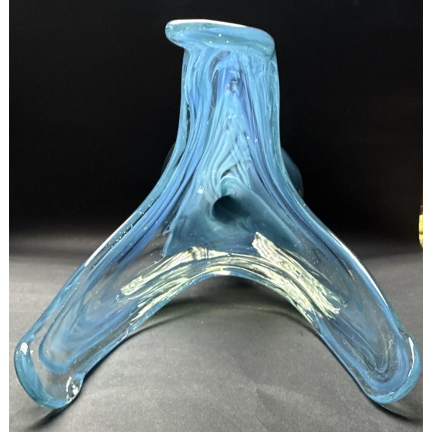 MCM Sooner Art Glass Tulip Trumpet Vase Blue Green Spiral Coiled Base 12" Read