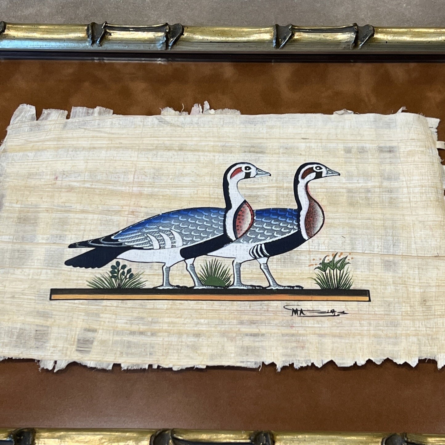 Vtg Delta Papyrus Factory Egypt Painting Geese Signed Birds Framed Certificate