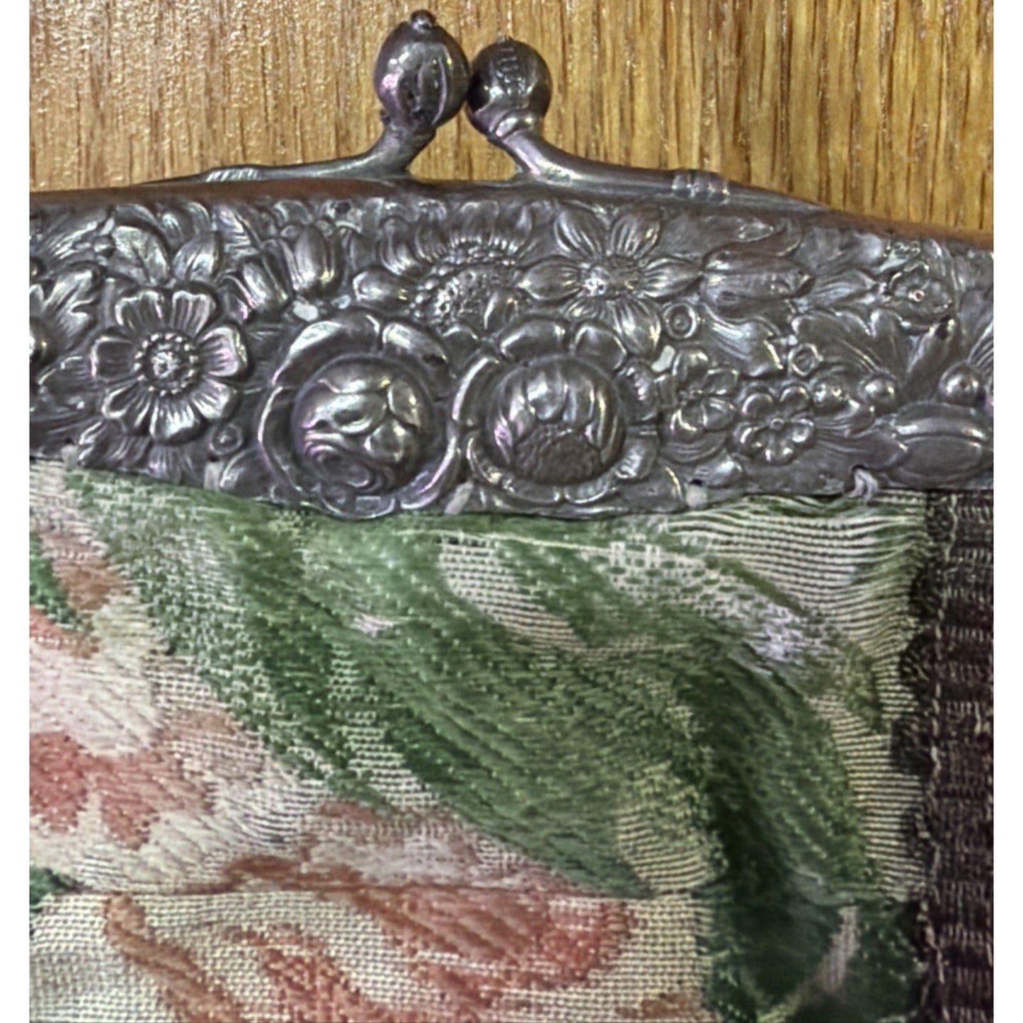 Antique Repousse Metal Frame Tapestry Needlepoint Evening Bag Silk Lined As Is
