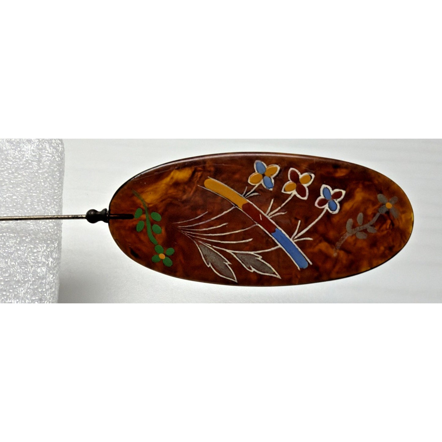 Art Deco Tortoise Shell Hair Pin Stick Pin Faux Hand Painted Enameled As Is