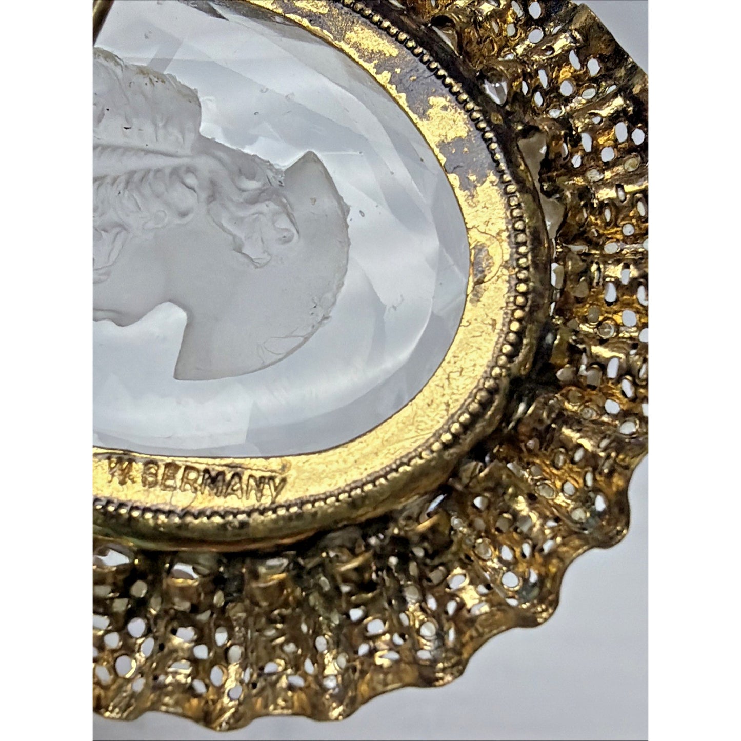 West Germany Intaglio Victorian Cameo Faceted Brooch Filigree Mini Faux Pearls
