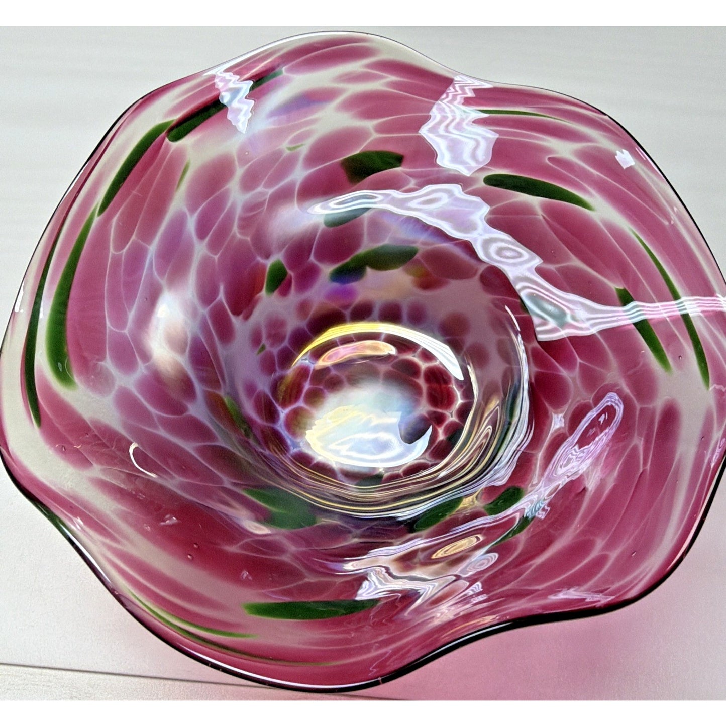 Vintage Blown Glass Bowl Iridescent Mottled Green Cranberry Purple Gold