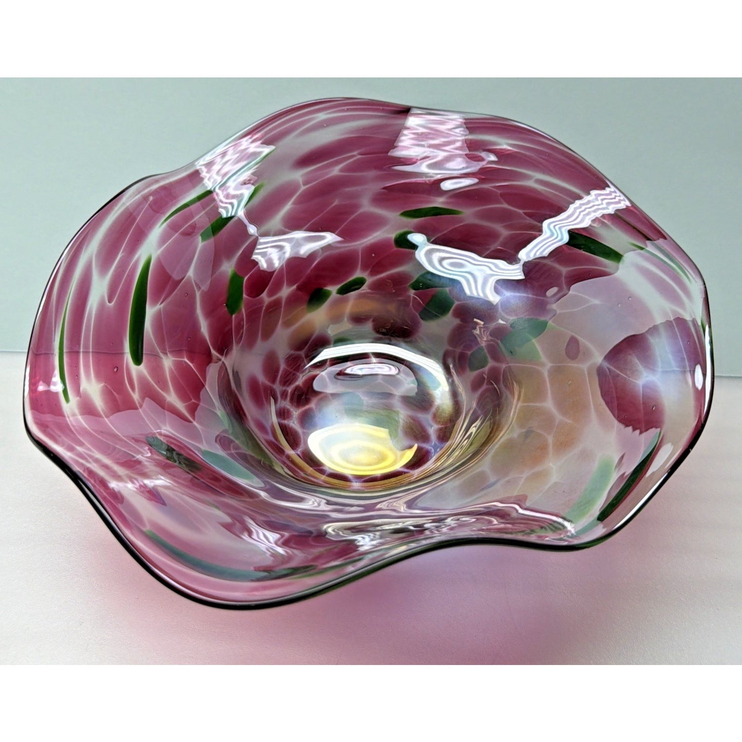 Vintage Blown Glass Bowl Iridescent Mottled Green Cranberry Purple Gold