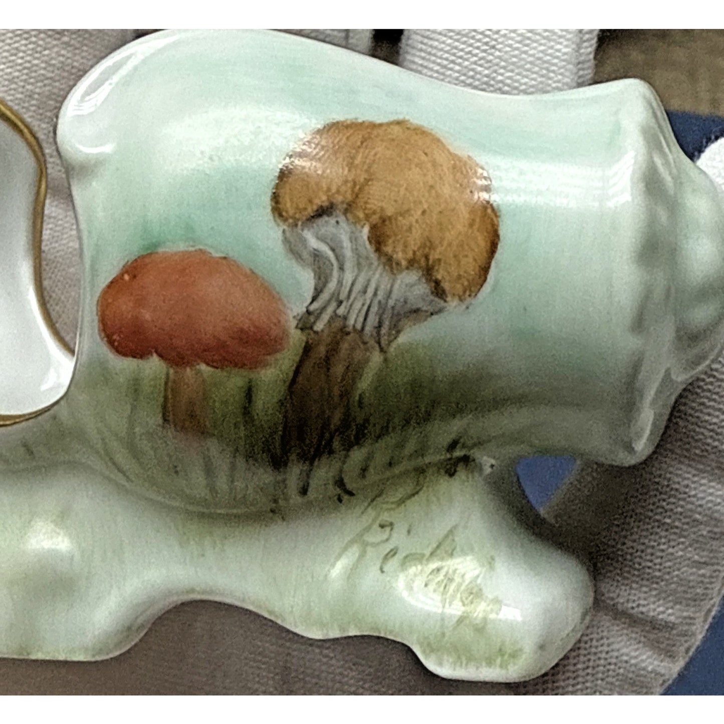 Vintage Porcelain Toothpick Holder Horizontal Hand Painted Mushrooms Gold Footed