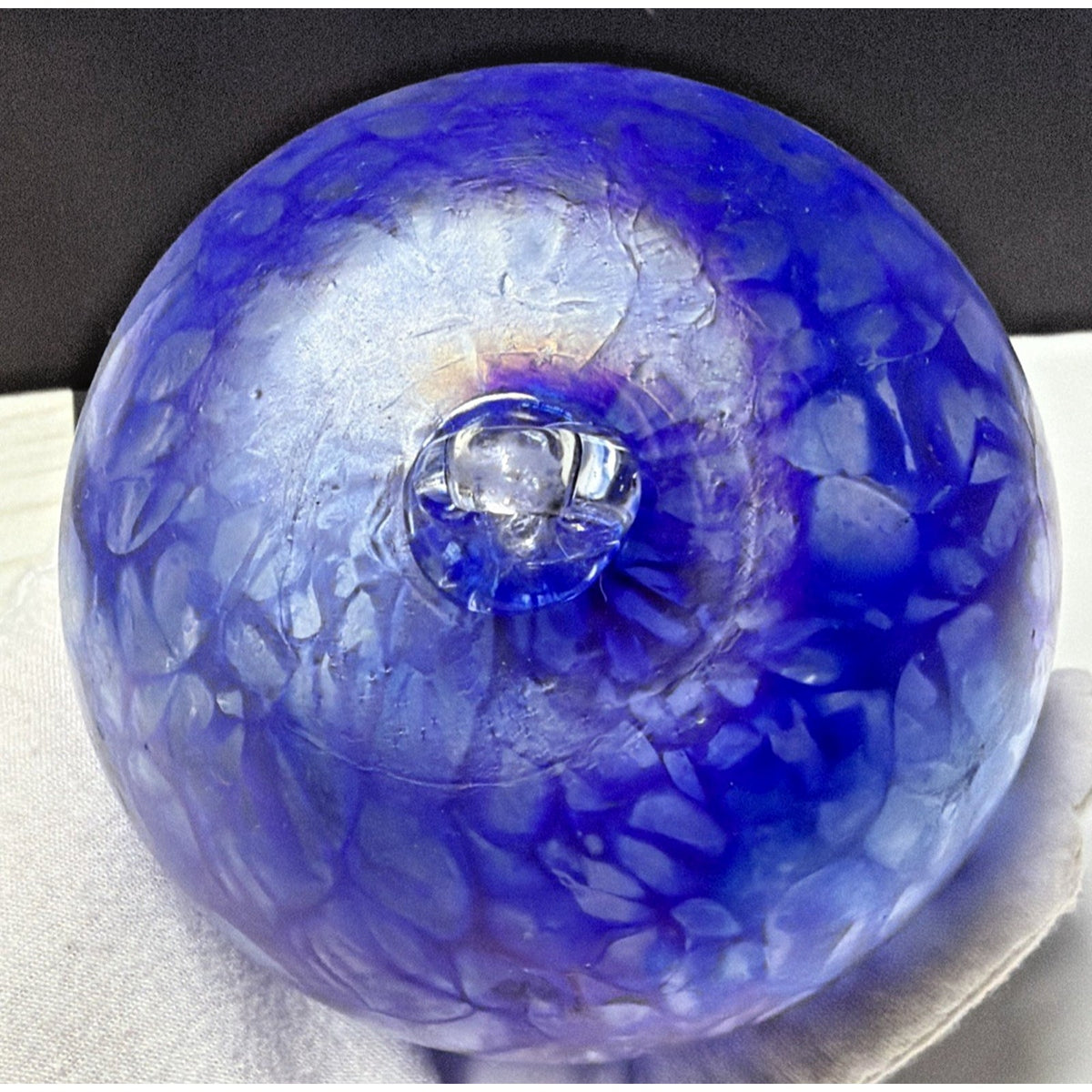 Hand Blown Studio Art Glass Cobalt Blue Iridescent Webbed Ornament Orb Witch Ball