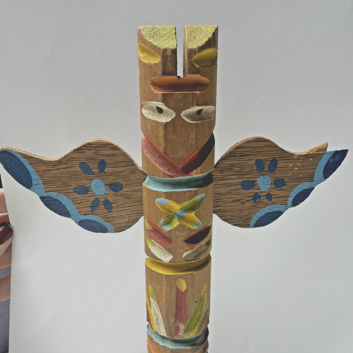 Vintage Chippewa Wood Carved Totem Pole Hand Painted As Is