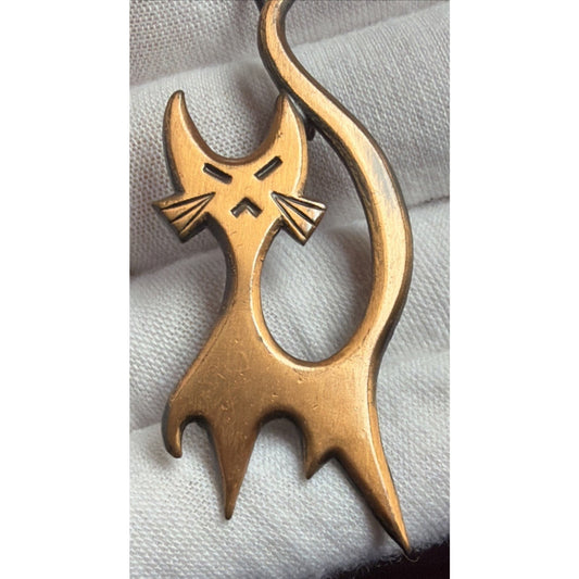 Retro Kitsch Modernist Cat Pin Brooch Copper