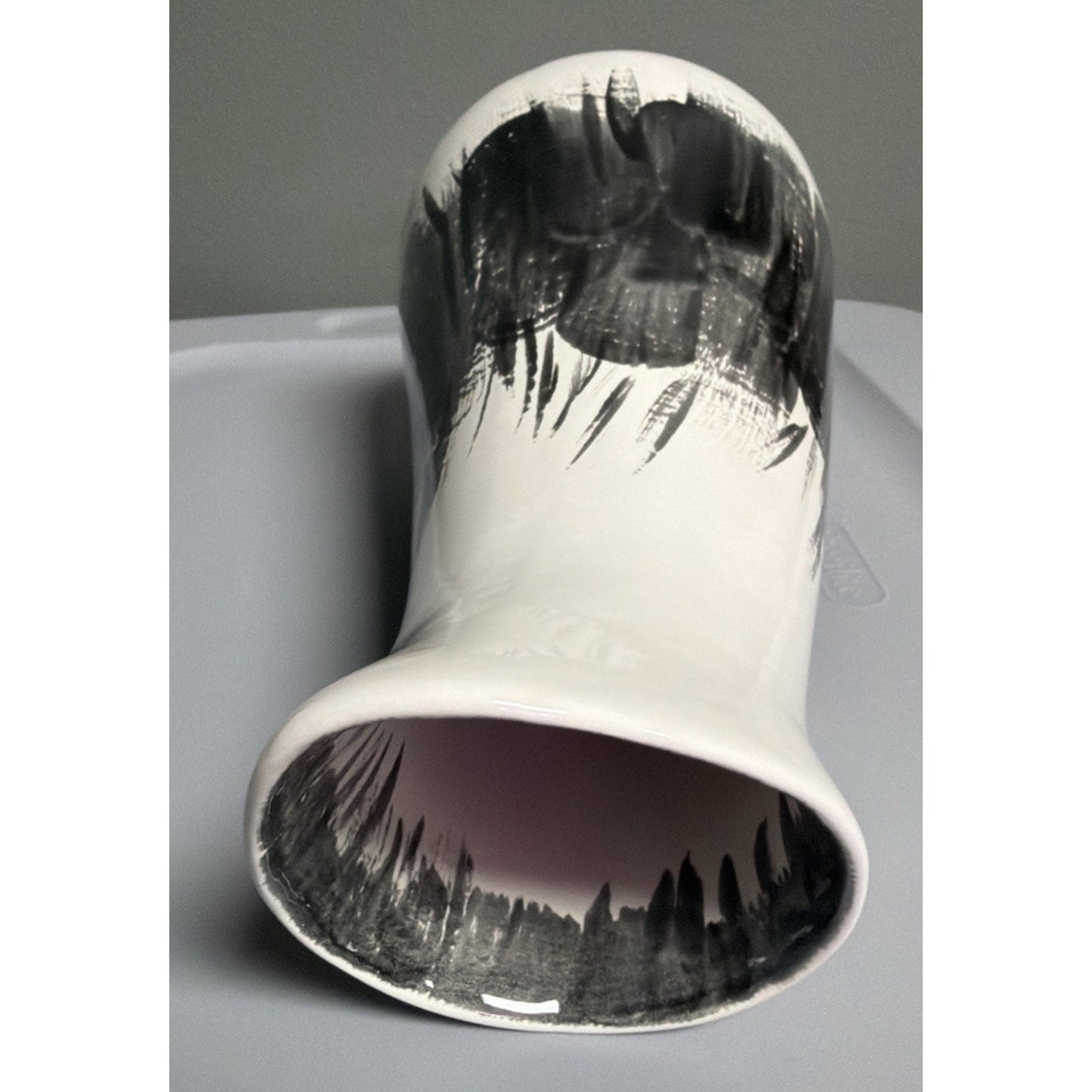 MCM Abstract Art Pottery Vase Black White Brushed Glazed Asymmetrical Signed
