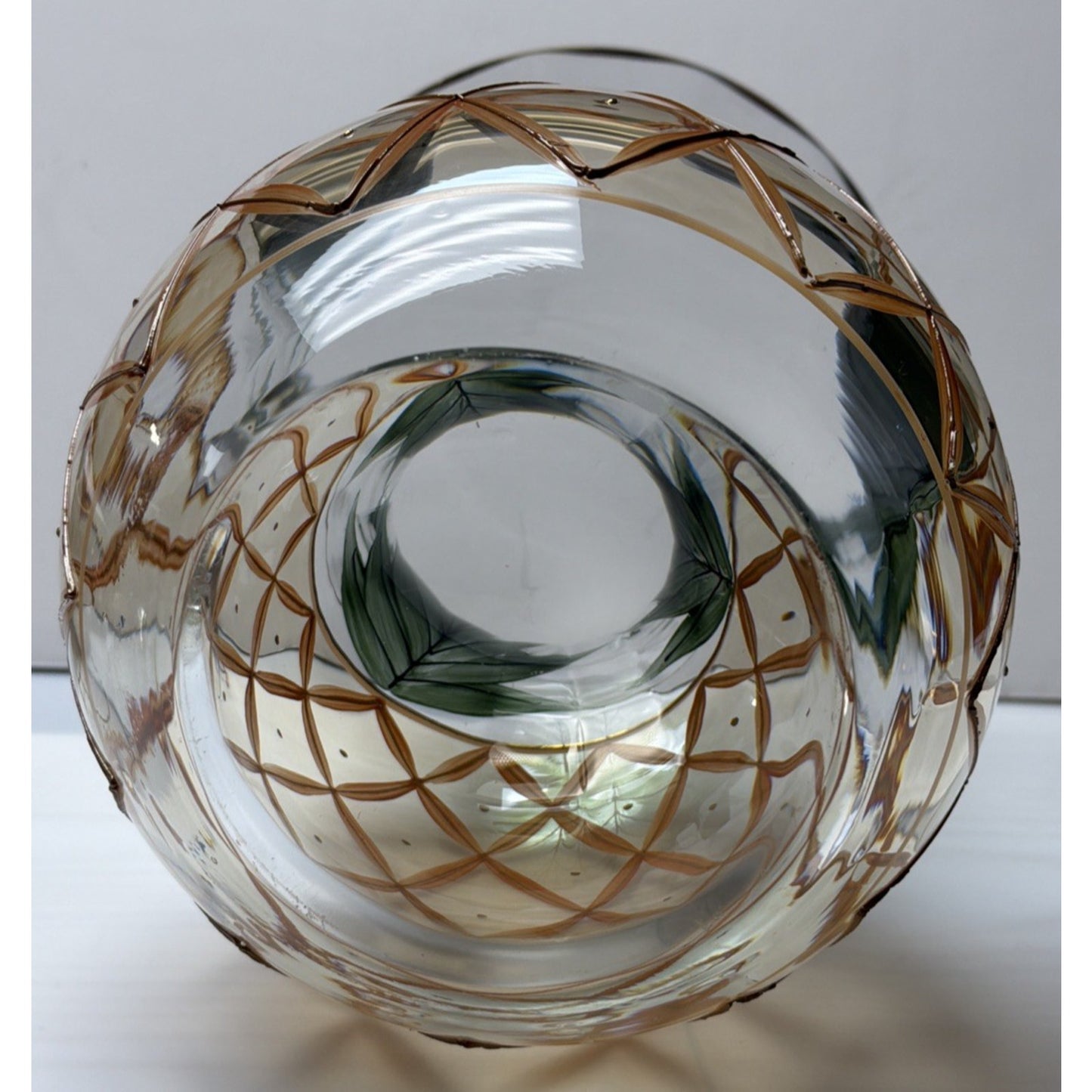 Romanian Crystal Pineapple Vase Gold Trim Green Palm Large Orange Crystal Clear